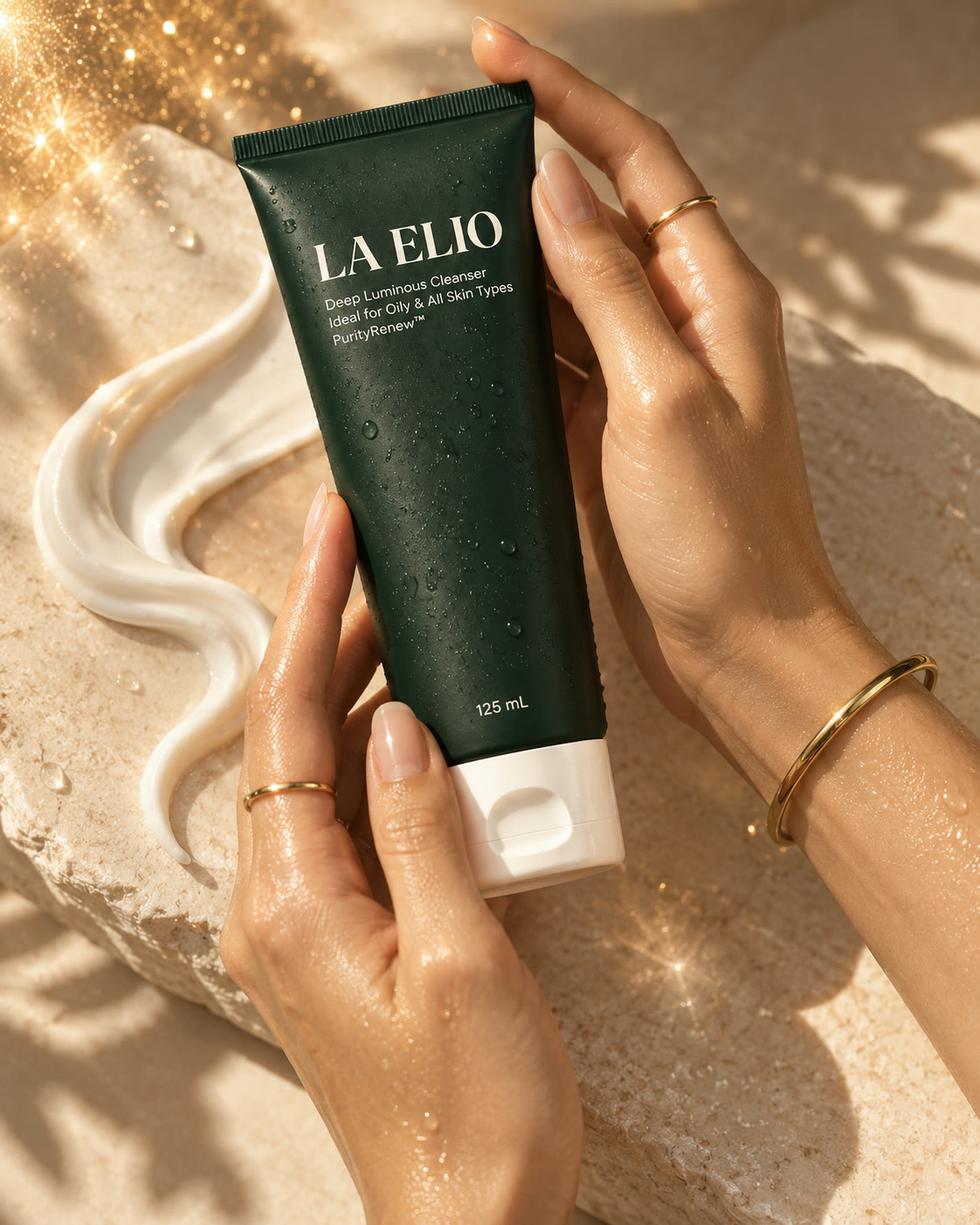 Hands holding LA ELIO cleanser in golden light
